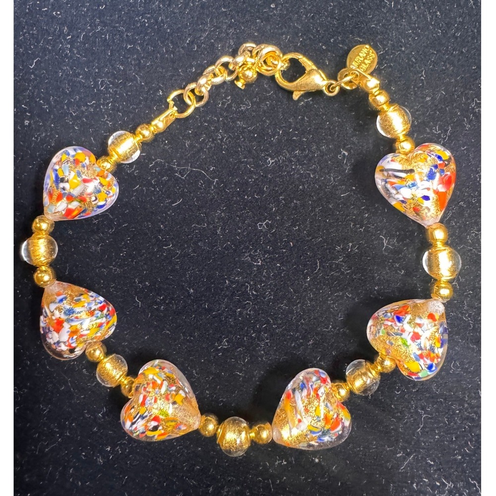 Murano Glass Heart Bead Bracelet Gold Tone Millefiori Multi Color Italy 7.75in